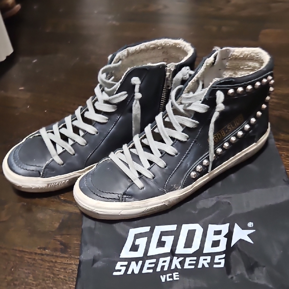 Golden Goose Black Mid Star Sneakers with Silver Studs Size 37